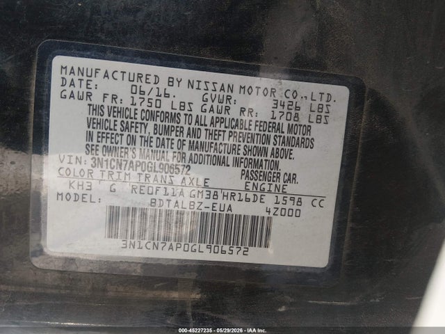 3N1CN7AP0GL906572 Nissan Versa 1.6 Sv