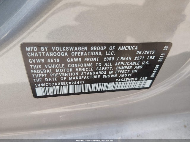 2014 Volkswagen Passat 1.8t Sel Premium მანქანა იყიდება აუქციონზე, vin: 1VWCT7A35EC024447, აუქციონის ნომერი: 45227258