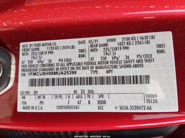 1FMCU9H99MUA25398 Ford ESCAPE SEL