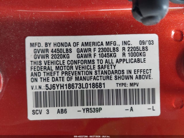 Aukcja sprzedaży 2003 Honda Element Ex, vin: 5J6YH18673L018681, numer aukcji: 45227266
