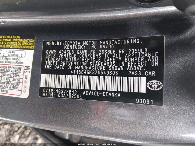 Aukcja sprzedaży 2007 Toyota Camry Le, vin: 4T1BE46K37U549605, numer aukcji: 45227269