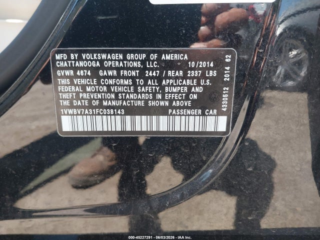 Aukcja sprzedaży 2015 Volkswagen Passat 2.0l Tdi Se, vin: 1VWBV7A31FC038143, numer aukcji: 45227291