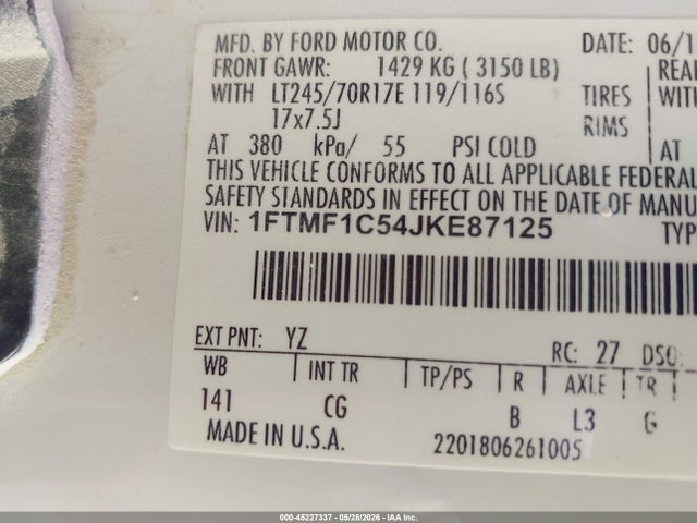 45227337 :رقم المزاد ، 1FTMF1C54JKE87125 vin ، 2018 Ford F-150 Xl مزاد بيع