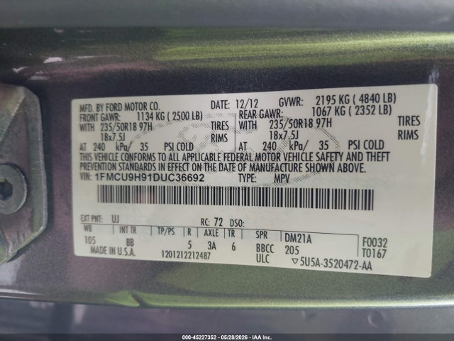 Продажа на аукционе авто 2013 Ford Escape Sel, vin: 1FMCU9H91DUC36692, номер лота: 45227352