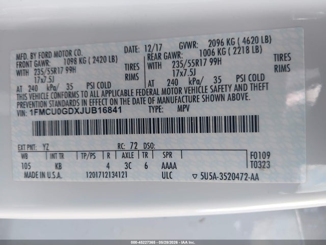 Продажа на аукционе авто 2018 Ford Escape Se, vin: 1FMCU0GDXJUB16841, номер лота: 45227365