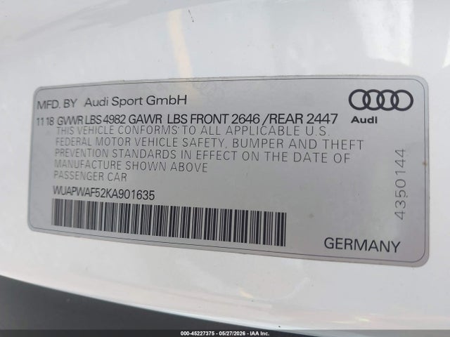 2019 Audi Rs 5 2.9t მანქანა იყიდება აუქციონზე, vin: WUAPWAF52KA901635, აუქციონის ნომერი: 45227375