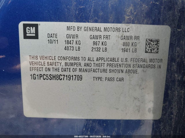 45227380 :رقم المزاد ، 1G1PC5SH8C7191709 vin ، 2012 Chevrolet Cruze Ls مزاد بيع