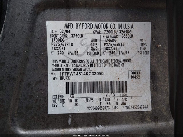 Продажа на аукционе авто 2004 Ford F-150 Fx4/lariat/xlt, vin: 1FTPW14514KC33050, номер лота: 45227425