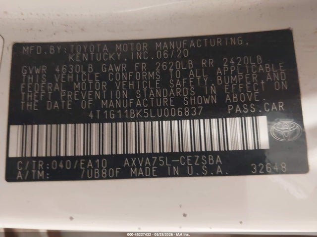 Auction sale of the 2020 Toyota Camry Se Awd, vin: 4T1G11BK5LU006837, lot number: 45227432