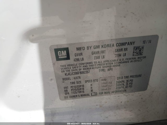 Aukcja sprzedaży 2015 Buick Encore Leather, vin: KL4CJCSB6FB062357, numer aukcji: 45227477