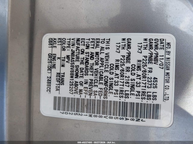 Aukcja sprzedaży 2008 Nissan Rogue Sl, vin: JN8AS58V88W125207, numer aukcji: 45227485