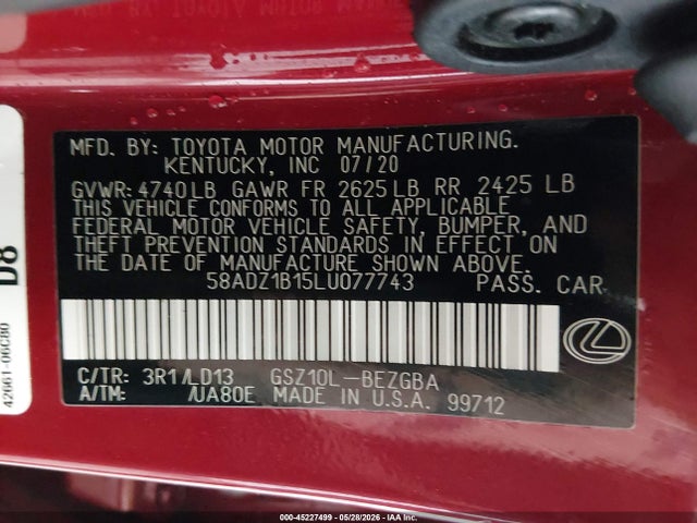 2020 Lexus Es 350 მანქანა იყიდება აუქციონზე, vin: 58ADZ1B15LU077743, აუქციონის ნომერი: 45227499