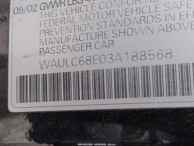 Aukcja sprzedaży 2003 Audi A4 1.8t, vin: WAULC68E03A188568, numer aukcji: 45227502
