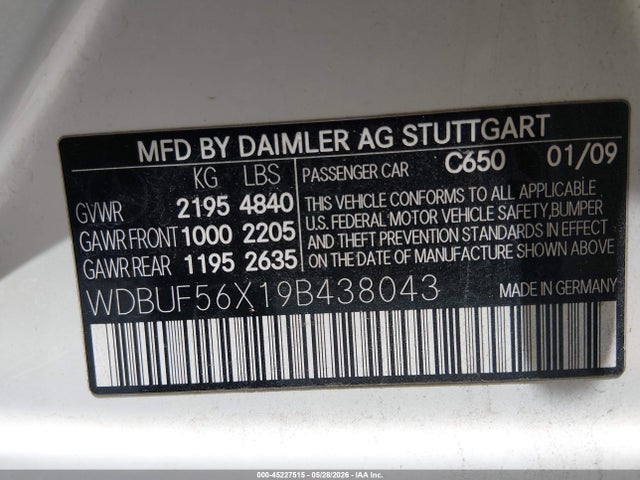 2009 Mercedes-benz E 350 მანქანა იყიდება აუქციონზე, vin: WDBUF56X19B438043, აუქციონის ნომერი: 45227515