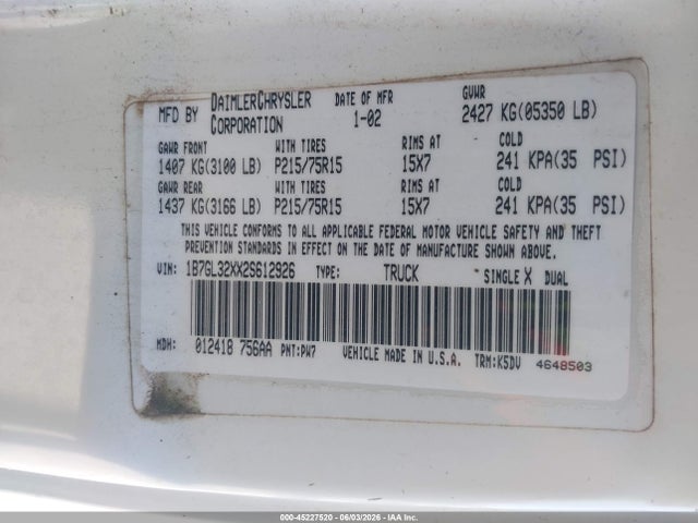 Aukcja sprzedaży 2002 Dodge Dakota Sport, vin: 1B7GL32XX2S612926, numer aukcji: 45227520
