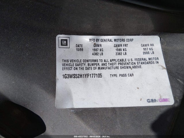 45227552 :رقم المزاد ، 1G3WS52H1YF177105 vin ، 2000 Oldsmobile Intrigue Gl مزاد بيع