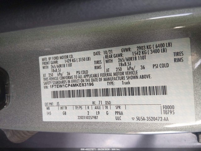 Продаж на аукціоні авто 2021 Ford F-150 Xl, vin: 1FTEW1CP4MKE83196, номер лоту: 45227571