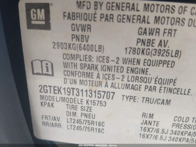 45227576 :رقم المزاد ، 2GTEK19T311315707 vin ، 2001 Gmc Sierra 1500 Sl/sle مزاد بيع