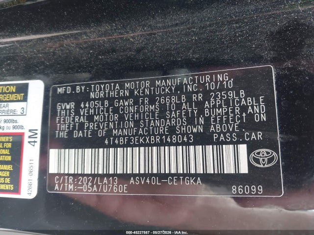 45227587 :رقم المزاد ، 4T4BF3EKXBR148043 vin ، 2011 Toyota Camry Xle مزاد بيع