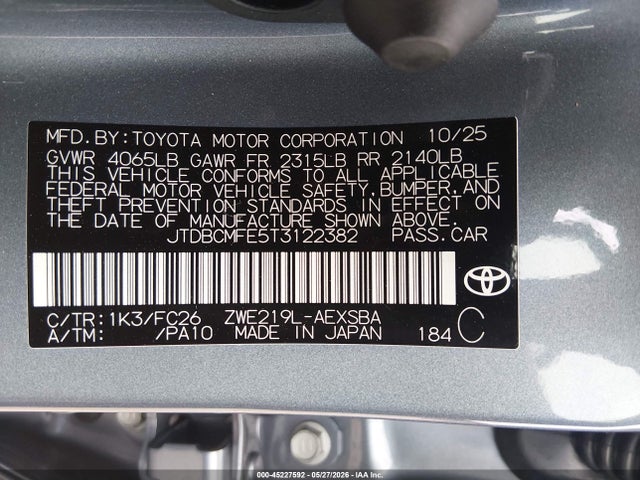 45227592 :رقم المزاد ، JTDBCMFE5T3122382 vin ، 2026 Toyota Corolla Hybrid Hybrid Se مزاد بيع