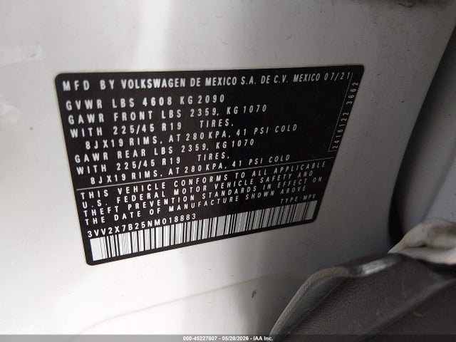Aukcja sprzedaży 2022 Volkswagen Taos 1.5t Sel, vin: 3VV2X7B25NM018883, numer aukcji: 45227607