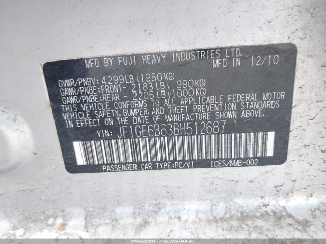 2011 Subaru Impreza 2.5i Premium მანქანა იყიდება აუქციონზე, vin: JF1GE6B63BH512687, აუქციონის ნომერი: 45227613