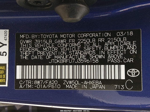 2018 Toyota Prius Two მანქანა იყიდება აუქციონზე, vin: JTDKBRFU7J3596158, აუქციონის ნომერი: 45227627