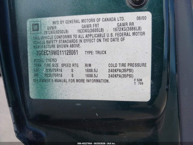 Продажа на аукционе авто 2001 Chevrolet Silverado 1500, vin: 2GCEC19W011128061, номер лота: 45227654