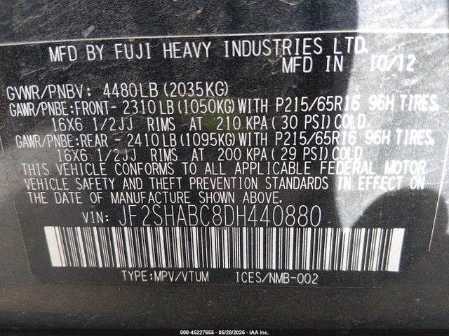 45227655 :رقم المزاد ، JF2SHABC8DH440880 vin ، 2013 Subaru Forester 2.5x مزاد بيع