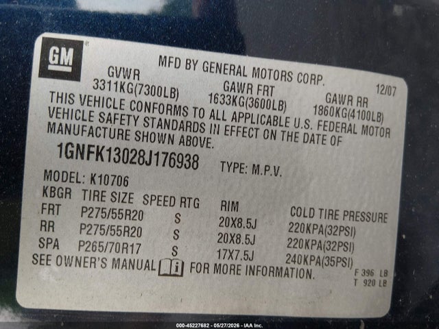 Продажа на аукционе авто 2008 Chevrolet Tahoe Lt, vin: 1GNFK13028J176938, номер лота: 45227682