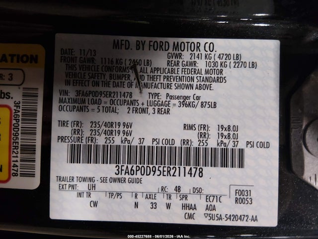 45227688 :رقم المزاد ، 3FA6P0D95ER211478 vin ، 2014 Ford Fusion Titanium مزاد بيع