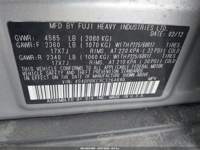 Продажа на аукционе авто 2012 Subaru Outback 2.5i Limited, vin: 4S4BRBKC9C3264690, номер лота: 45227699