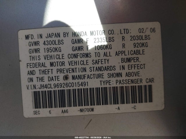 Aukcja sprzedaży 2006 Acura Tsx, vin: JH4CL96926C015491, numer aukcji: 45227704
