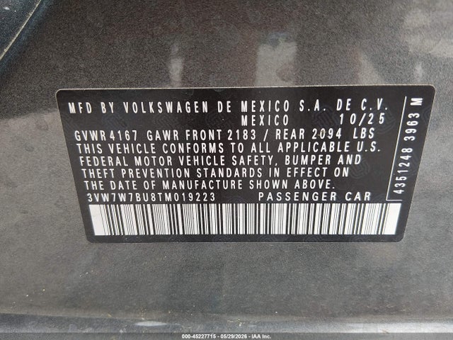 Aukcja sprzedaży 2026 Volkswagen Jetta Se, vin: 3VW7W7BU8TM019223, numer aukcji: 45227715