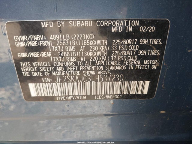 45227734 :رقم المزاد ، JF2SKAJC3LH537230 vin ، 2020 Subaru Forester Premium مزاد بيع