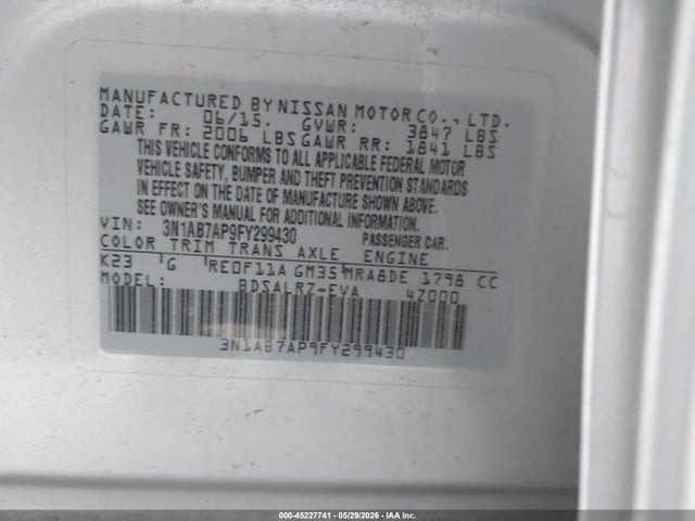 45227741 :رقم المزاد ، 3N1AB7AP9FY299430 vin ، 2015 Nissan Sentra Sr مزاد بيع