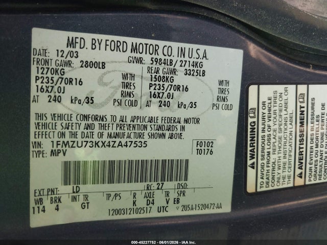 45227752 :رقم المزاد ، 1FMZU73KX4ZA47535 vin ، 2004 Ford Explorer Nbx/xlt مزاد بيع