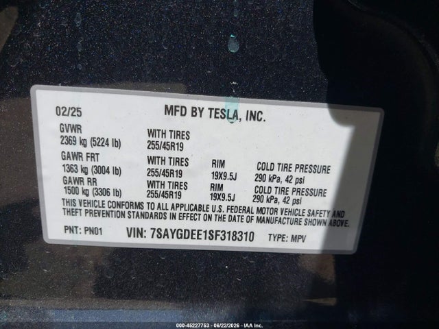 Aukcja sprzedaży 2025 Tesla Model Y Long Range Dual Motor All-wheel Drive, vin: 7SAYGDEE1SF318310, numer aukcji: 45227753