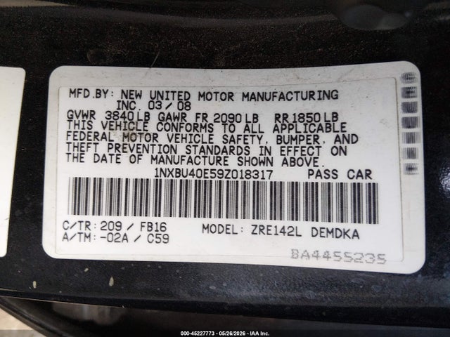 Продаж на аукціоні авто 2009 Toyota Corolla, vin: 1NXBU40E59Z018317, номер лоту: 45227773