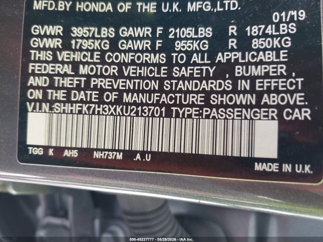 Aukcja sprzedaży 2019 Honda Civic Lx, vin: SHHFK7H3XKU213701, numer aukcji: 45227777