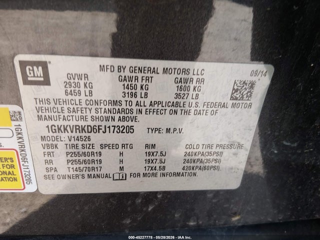 45227778 :رقم المزاد ، 1GKKVRKD6FJ173205 vin ، 2015 Gmc Acadia Slt-1 مزاد بيع