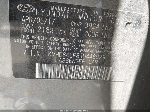 45227779 :رقم المزاد ، KMHD84LF8JU448929 vin ، 2018 Hyundai Elantra Limited مزاد بيع
