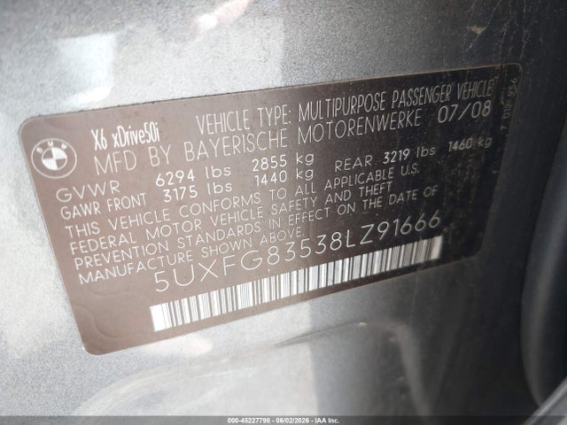 2008 Bmw X6 Xdrive50i მანქანა იყიდება აუქციონზე, vin: 5UXFG83538LZ91666, აუქციონის ნომერი: 45227798