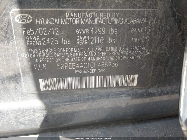 45227808 :رقم المزاد ، 5NPEB4AC1CH466236 vin ، 2012 Hyundai Sonata Gls مزاد بيع