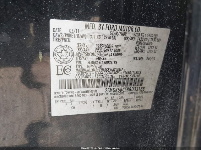 2011 Ford Flex Se მანქანა იყიდება აუქციონზე, vin: 2FMGK5BC5BBD33188, აუქციონის ნომერი: 45227816
