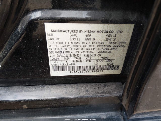 2005 Nissan Altima 2.5 S მანქანა იყიდება აუქციონზე, vin: 1N4AL11D35C356425, აუქციონის ნომერი: 45227825