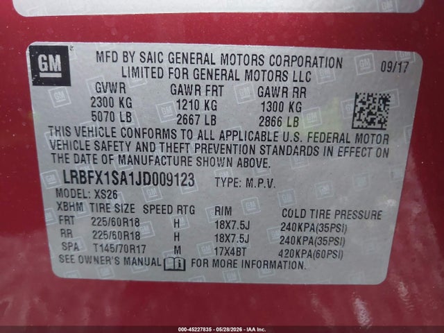 45227835 :رقم المزاد ، LRBFX1SA1JD009123 vin ، 2018 Buick Envision Essence مزاد بيع