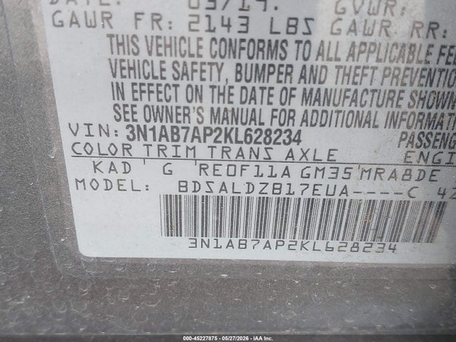 2019 Nissan Sentra Sv მანქანა იყიდება აუქციონზე, vin: 3N1AB7AP2KL628234, აუქციონის ნომერი: 45227875
