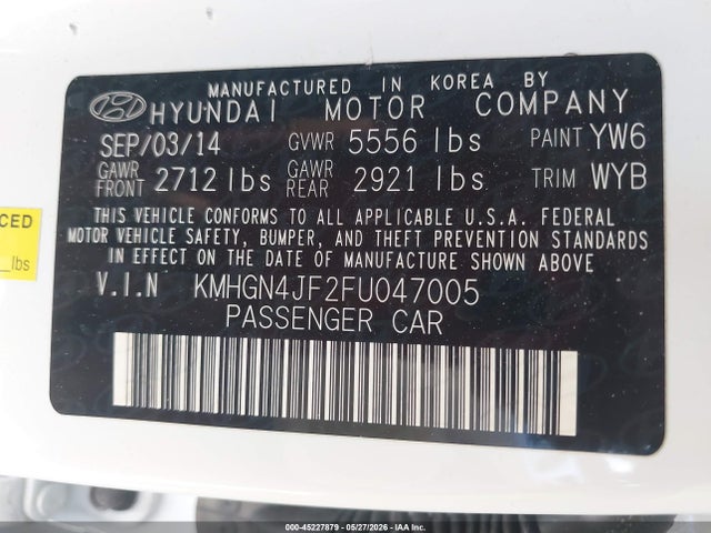 45227879 :رقم المزاد ، KMHGN4JF2FU047005 vin ، 2015 Hyundai Genesis 5.0 مزاد بيع