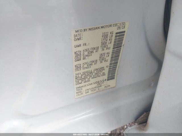45227880 :رقم المزاد ، 1N6AA1EJ2KN506554 vin ، 2019 Nissan Titan S مزاد بيع